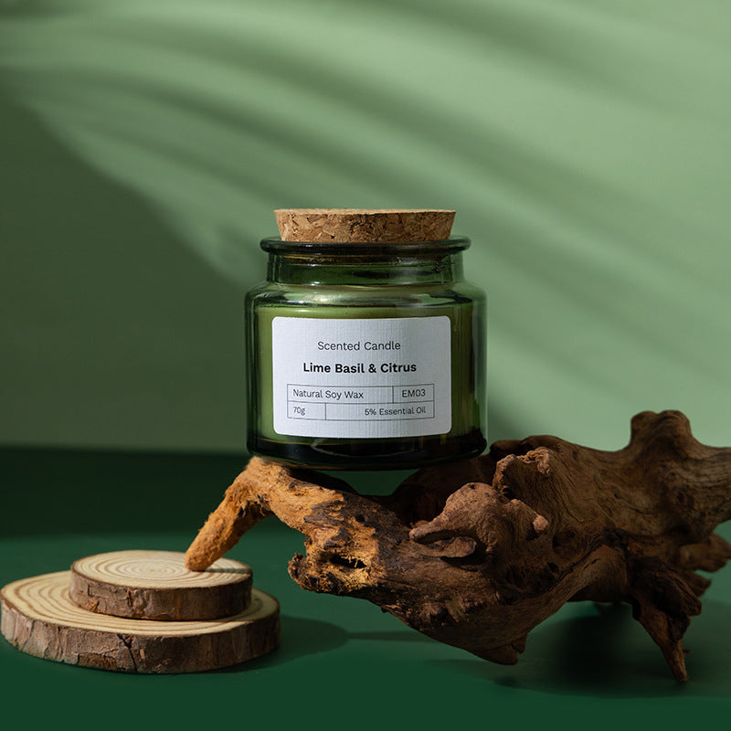 Soy wax scented candle in green glass with wood lid