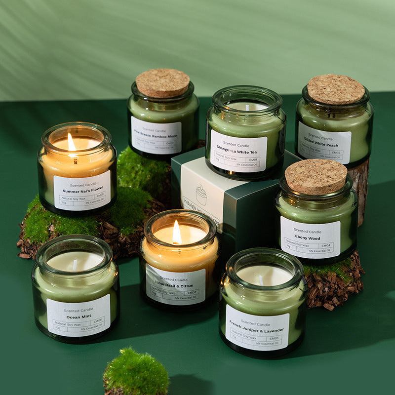 Green glass eco-friendly soy candle front view